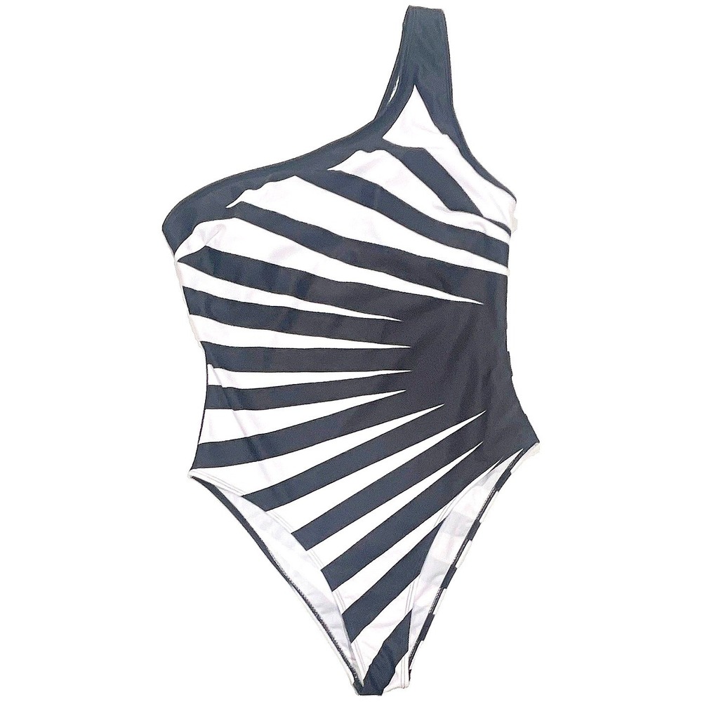 One Shoulder One Piece Swimsuit Black White Sunburst Geometric Graphic Print